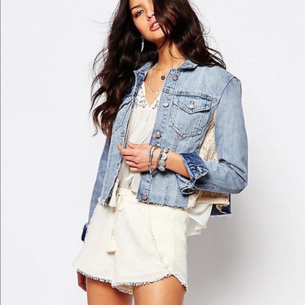 Free people denim and lace crop jacket